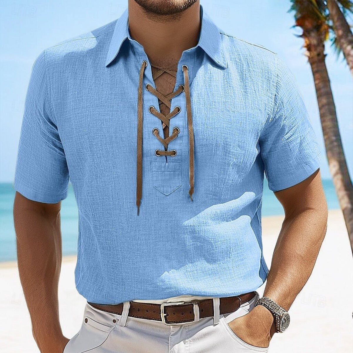 R&B | Leinen Revers Tether V-Ausschnitt Kurzarm-Shirt