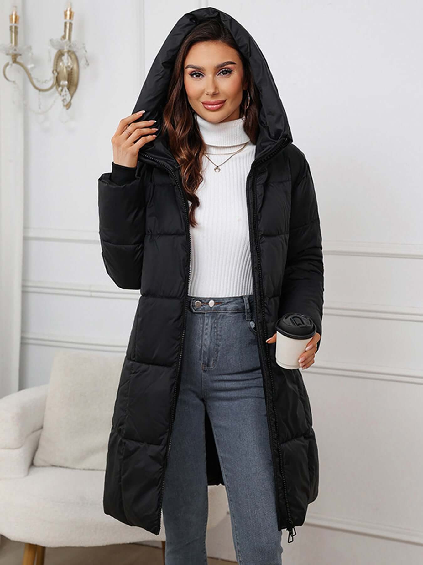 R&B | Frauen Lange Kapuzen-Winter-Pufferjacke