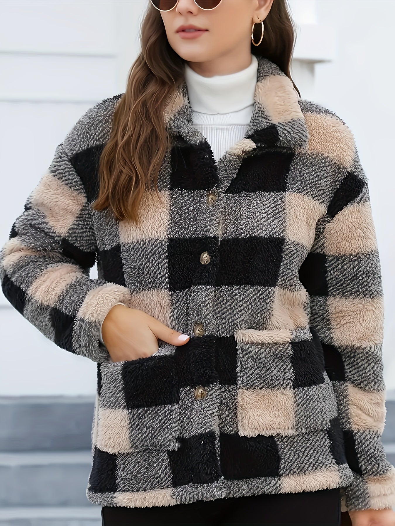 R&B | Gitter Teddyjacke mit Knöpfen und Taschen Polyester Warm und Stilvoll