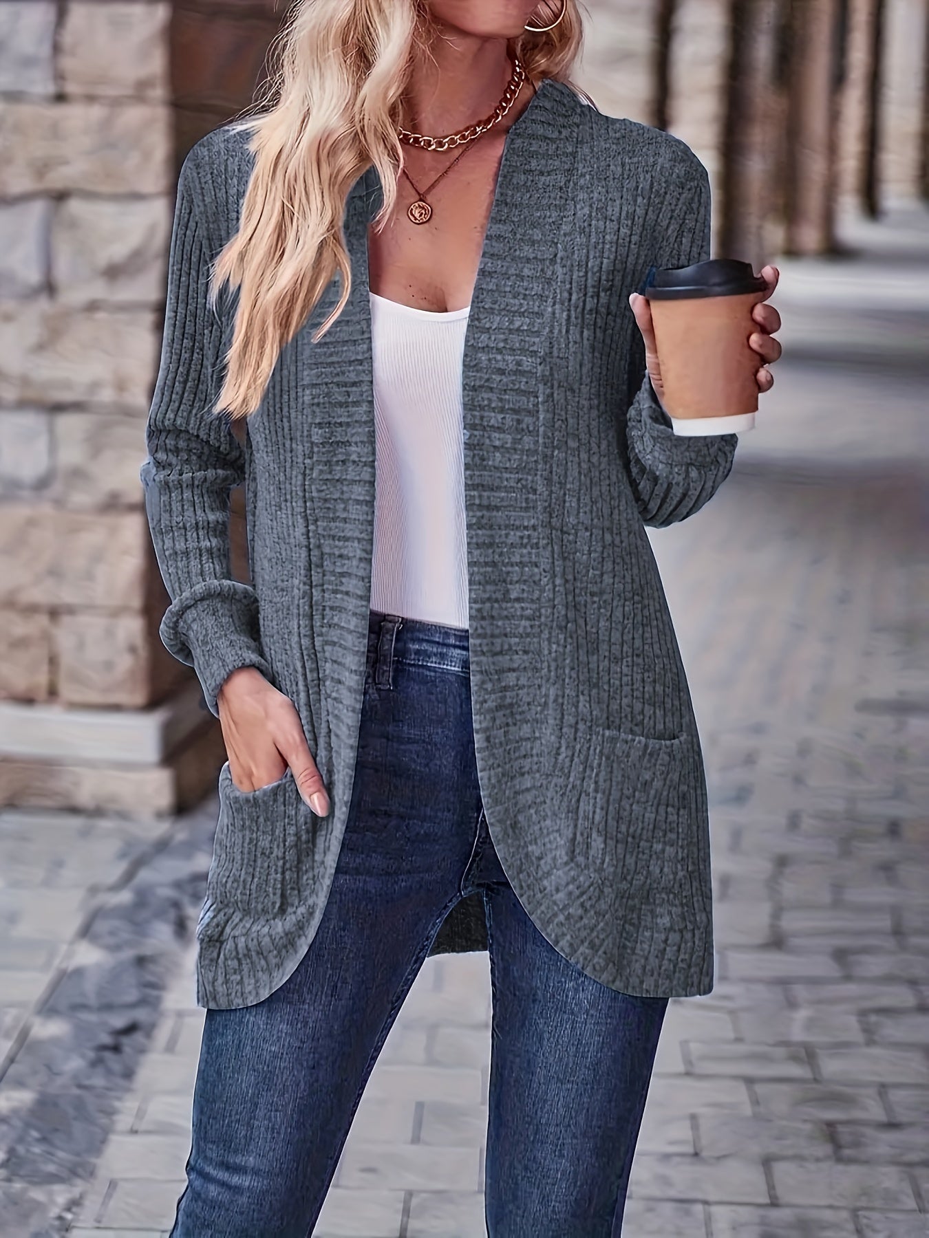 R&B | Damen Freizeit Strickfleeceweste Mit Langen Ärmeln