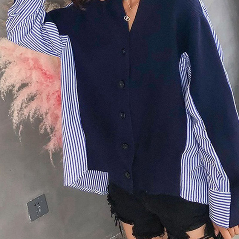 R&B | Einzigartiger Strickcardigan mit Hemdärmeln Weich und Trendy Kontrastdesign