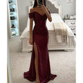 Glitzerndes Damen Abendkleid Schulterfreies Maxikleid mit Schlitz für Hochzeit & Fest | R&B