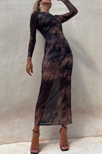 R&B | Charm Lady Mesh Overlay Tie Dye Print Langarm Rüsch Stretch Midi Kleid