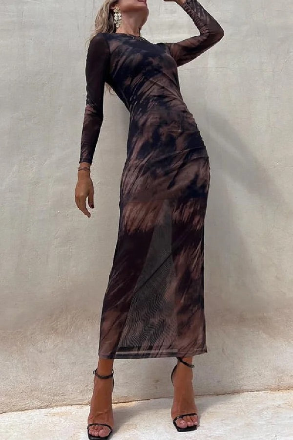 R&B | Charm Lady Mesh Overlay Tie Dye Print Langarm Rüsch Stretch Midi Kleid