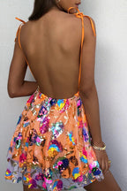 R&B | V-Ausschnitt Offene Rücken Pailletten Blumen Binde A-Linie Mini Kleid