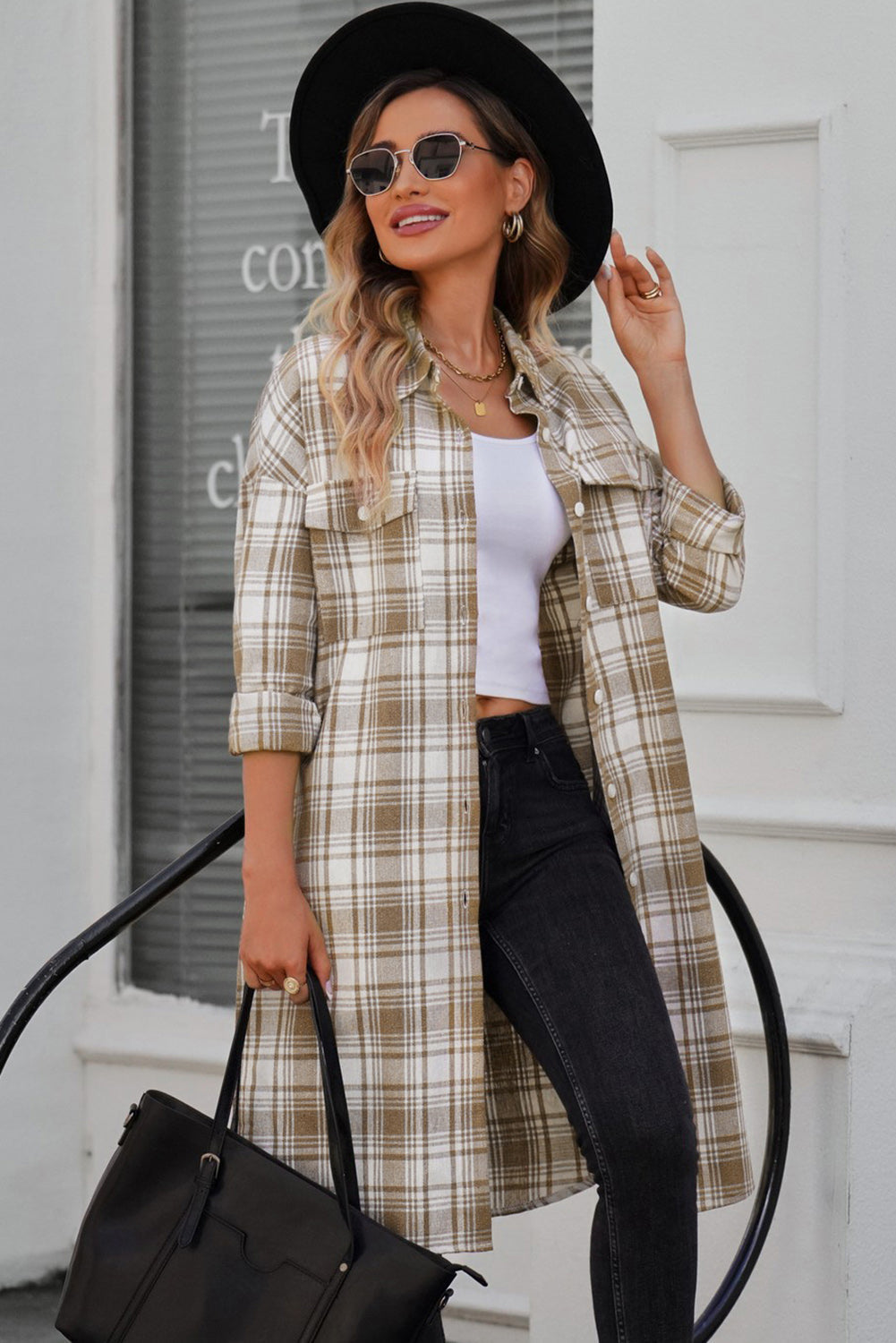 R&B | Karierter Button-Up Longline Shacket mit Brusttaschen