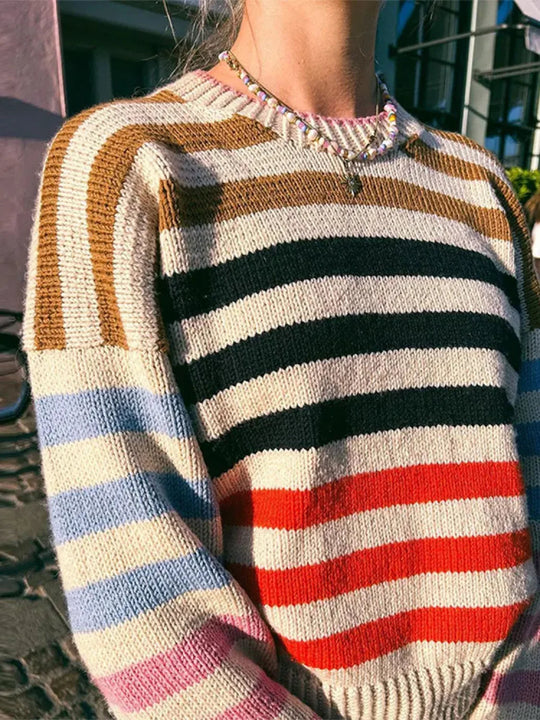 R&B | Bunter Gestreifter Vintage Strickpullover mit Rundhalsausschnitt