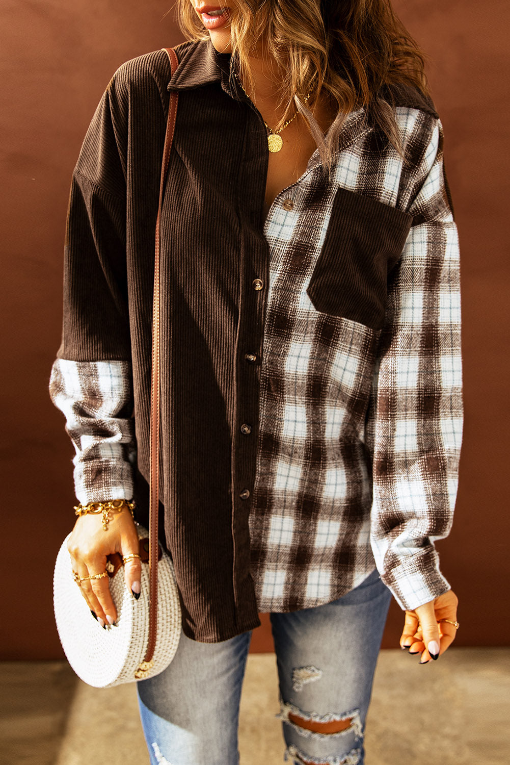 R&B | Karierte Farbblock Gefallen Schulter Corduroy Shacket