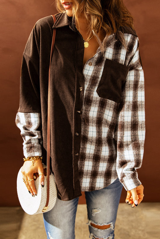 R&B | Karierte Farbblock Gefallen Schulter Corduroy Shacket