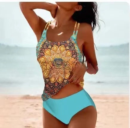 R&B | Retro Hochgeschnittenes Bikini mit Stranddruck