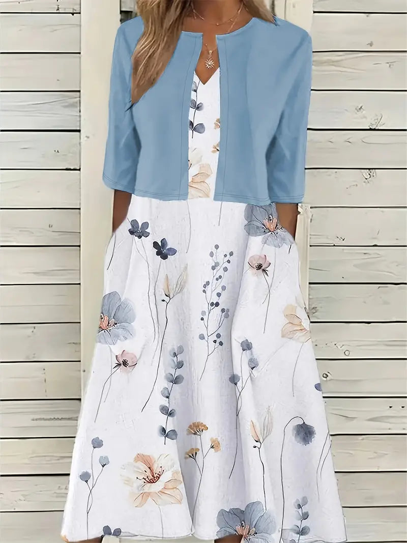 R&B – elegantes zweiteiliges blumenkleid-set mit einfarbigem crop-top und kleid mit rundhalsausschnitt