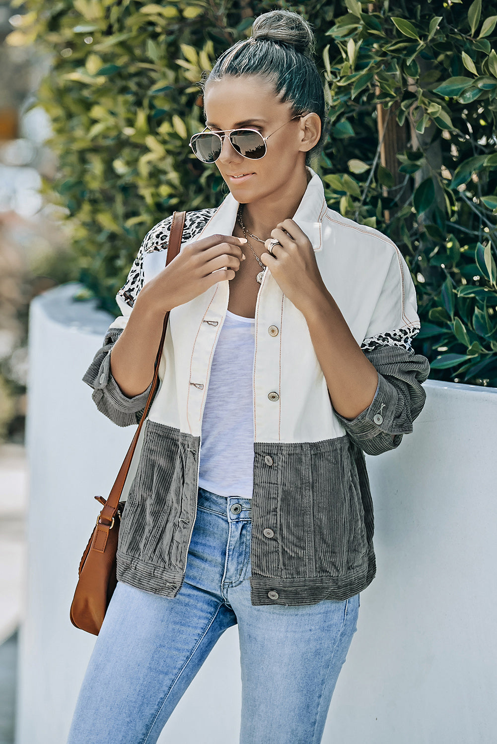 R&B | Leopard Farbblock Knopfleiste Cord Baumwolljacke