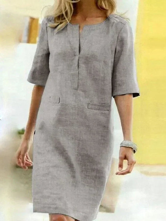 R&B | Damen Kurzarm Baumwolle und Leinen Kleid