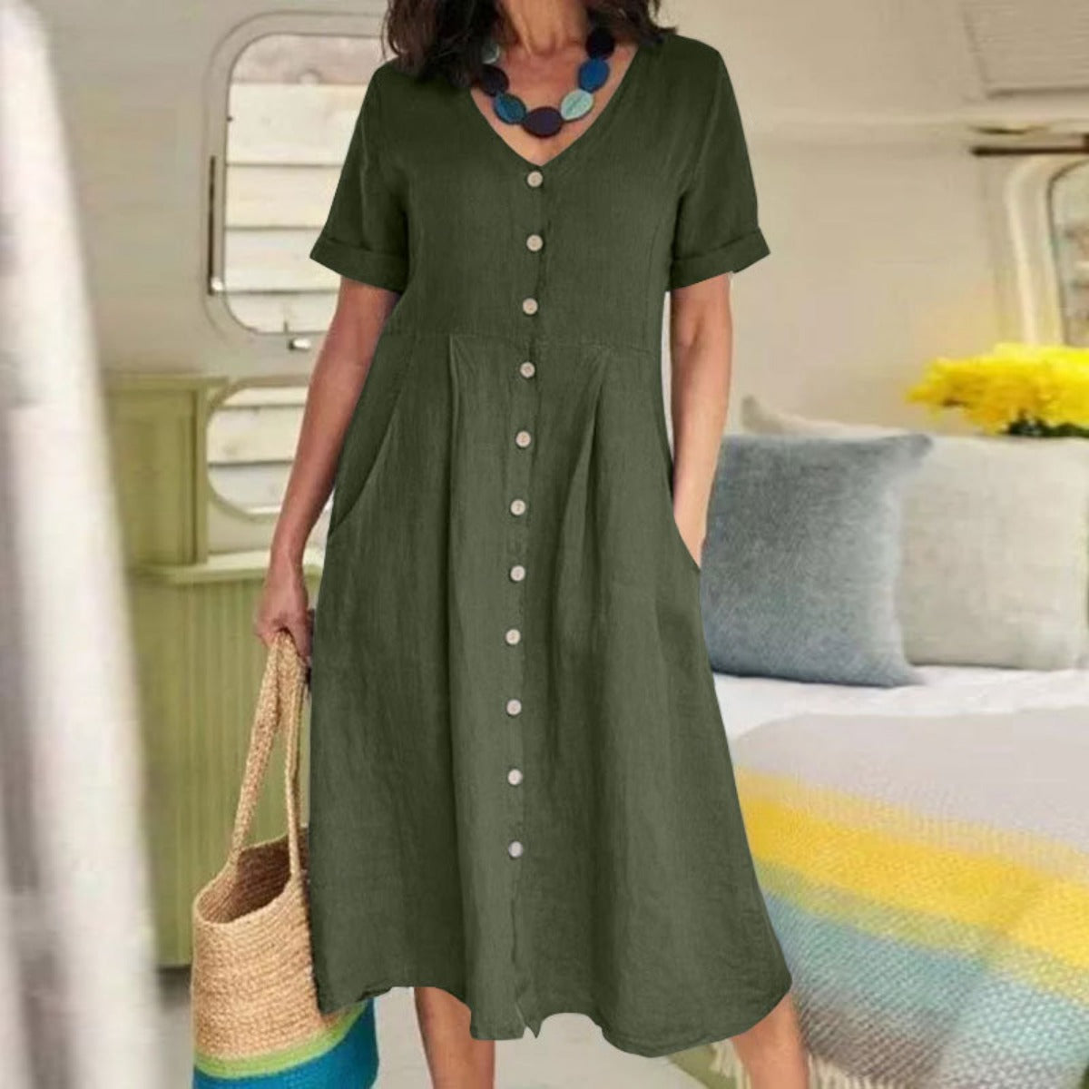 R&B | Lockeres Kleid aus Baumwolle und Leinen mit hoher Taille