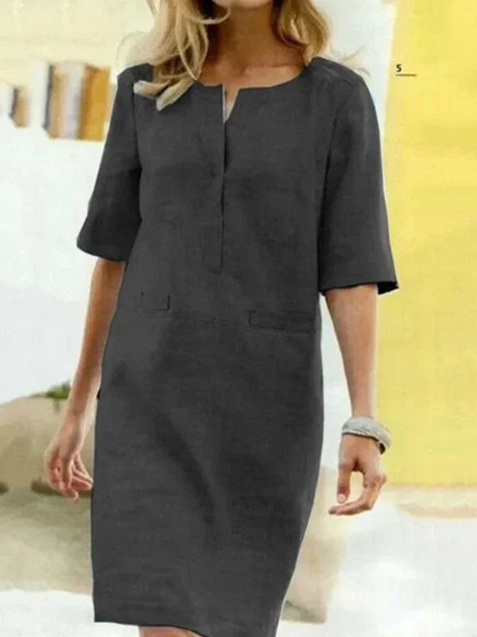 R&B | Damen Kurzarm Baumwolle und Leinen Kleid