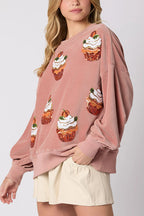 R&B | Weihnachts-Pumpkin-Kuchen Pailletten Rundhals Lockeres Sweatshirt
