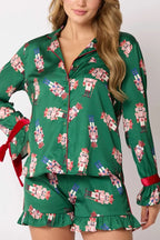 R&B | Weihnachten Mode Gedruckte Fliege Oberteil und Elastischer Taillen Rüschenshorts Set
