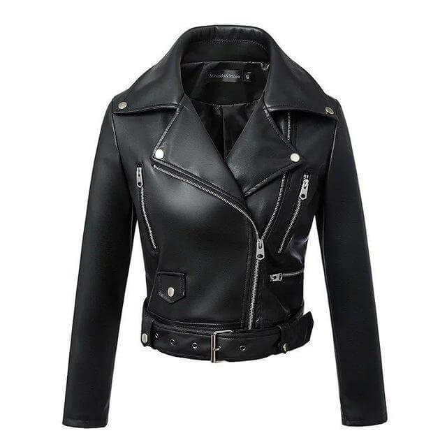 R&B | Damen Kunstleder Bikerjacke mit Gürtel