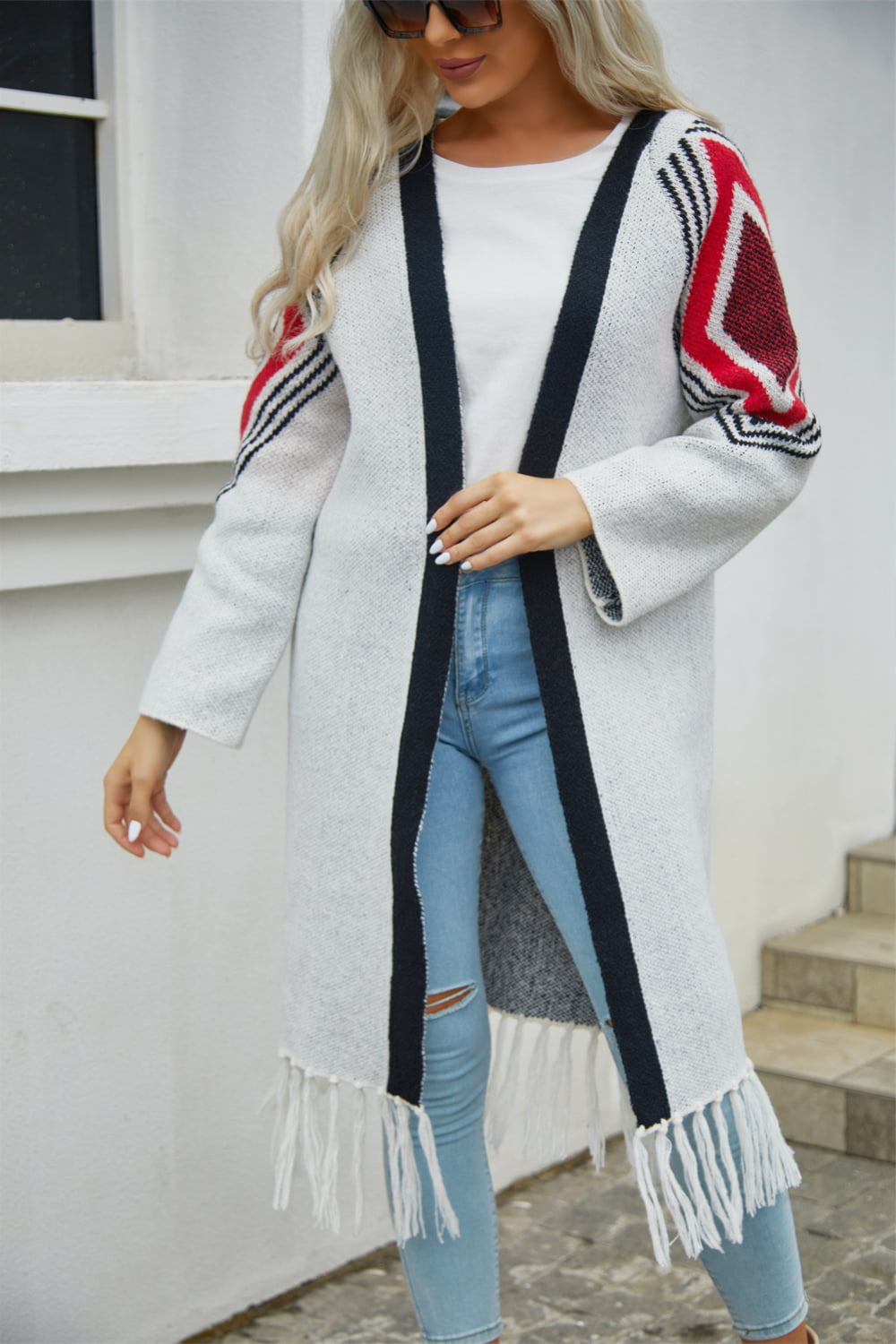 R&B | Geometric Fringe Hem Offene Front Duster Cardigan