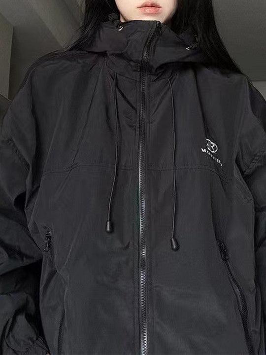 R&B | Retro Schwarze Wasserdichte Outdoorjacke mit Kapuze