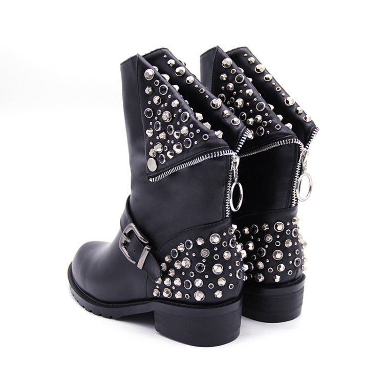 R&B | Bikerstiefel für Damen mit Schnalle Silberne Nieten