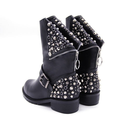R&B | Bikerstiefel für Damen mit Schnalle Silberne Nieten