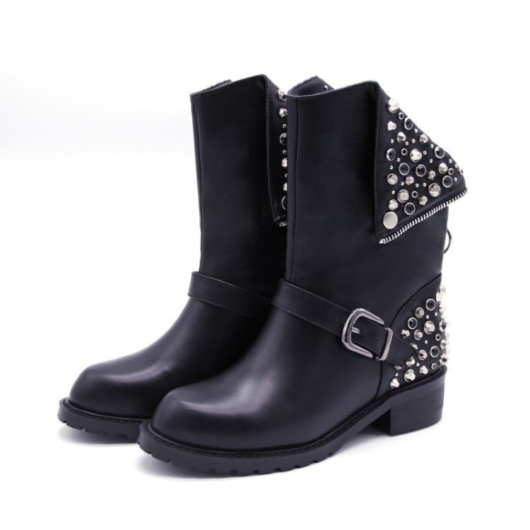R&B | Bikerstiefel für Damen mit Schnalle Silberne Nieten