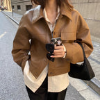 R&B | Braune Lederjacke - Verkürzter Stil mit Hemdkragen