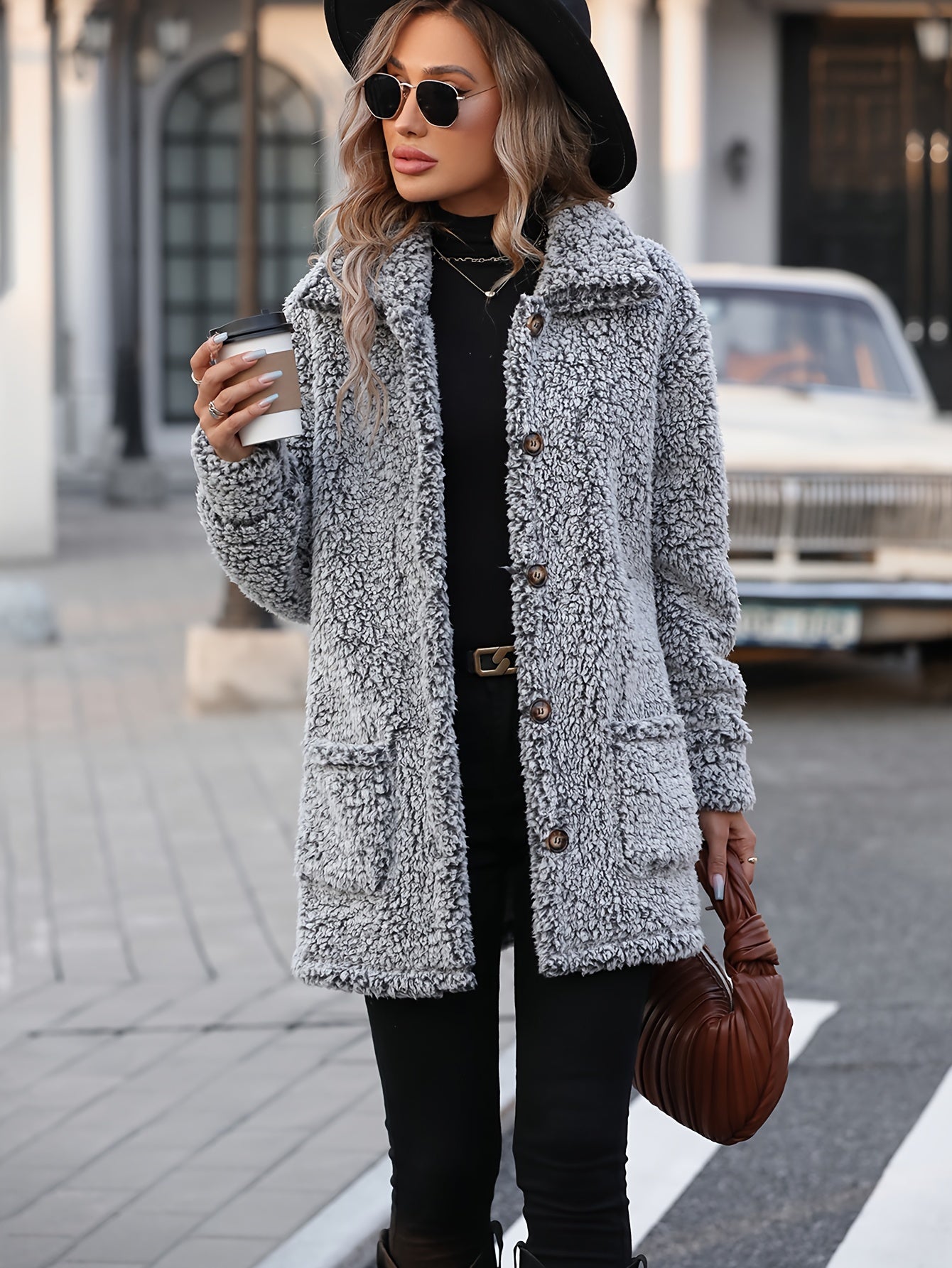 R&B | Lange Teddyjacke mit Knöpfen Polyester Komfortabel und Warm