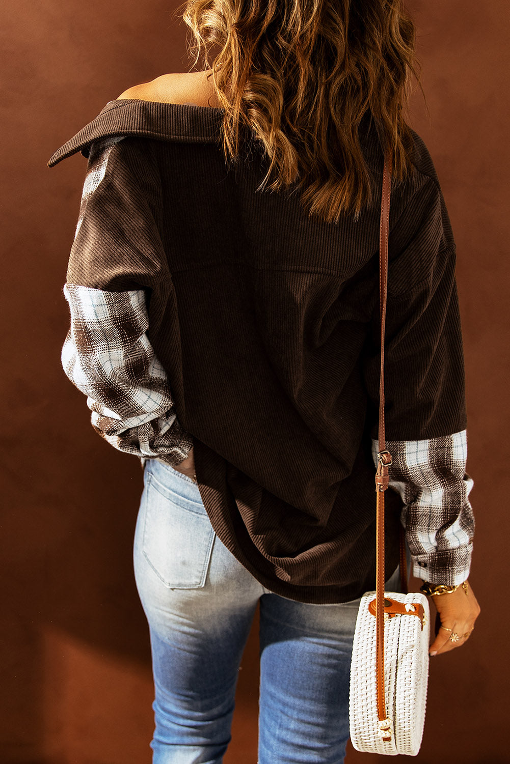 R&B | Karierte Farbblock Gefallen Schulter Corduroy Shacket