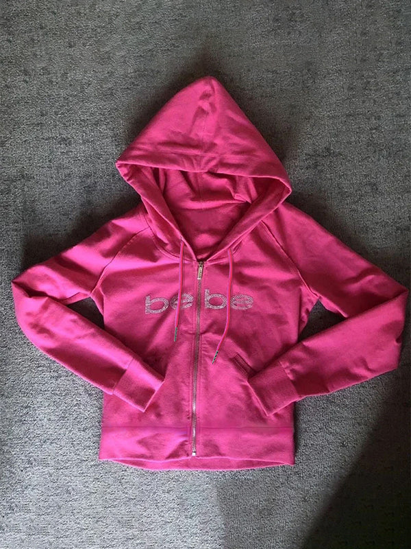 R&B | Barbie Rosa Buchstaben Strassdruck Hoodie mit Reißverschluss
