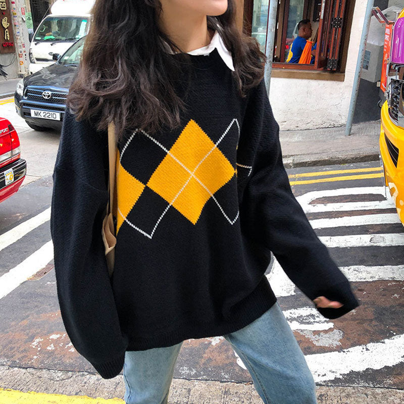 R&B | Oversized Argyle Sweater Weich und Warm Lässig Chic