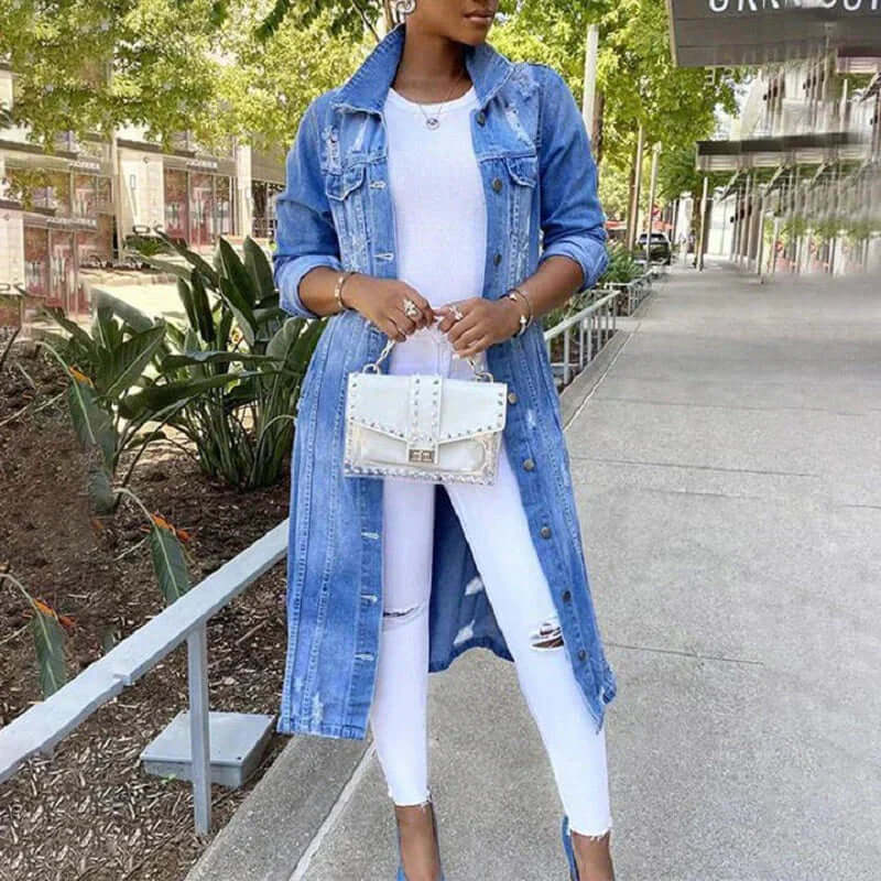 R&B | Trenchcoat Denim Relaxed Fit Distressed Vollständig Button Front