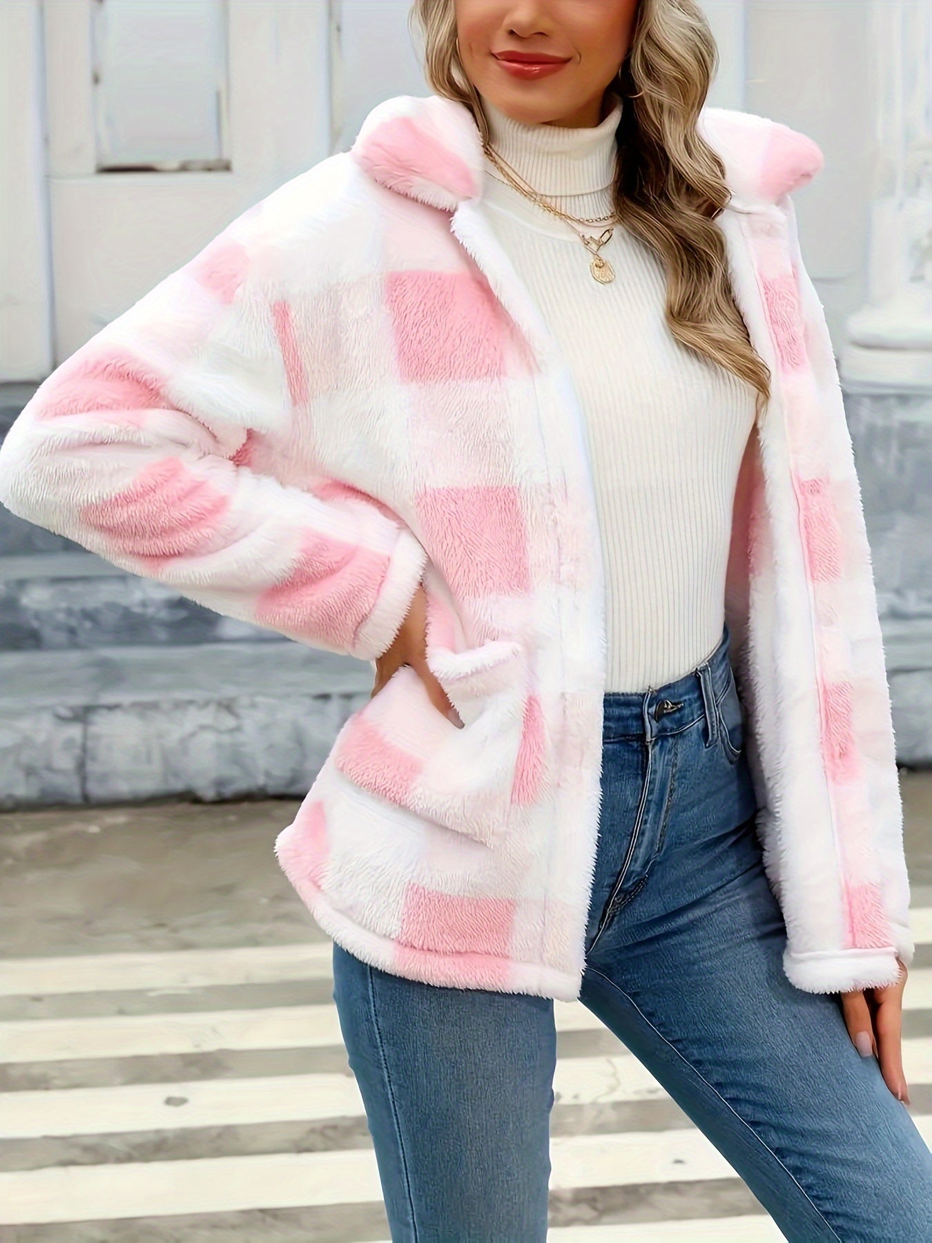 R&B | Gitter Teddyjacke mit Knöpfen und Taschen Polyester Warm und Stilvoll