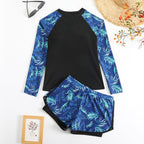 R&B | Langarm Print Spleißen Doppelhose Tankini Badeanzug