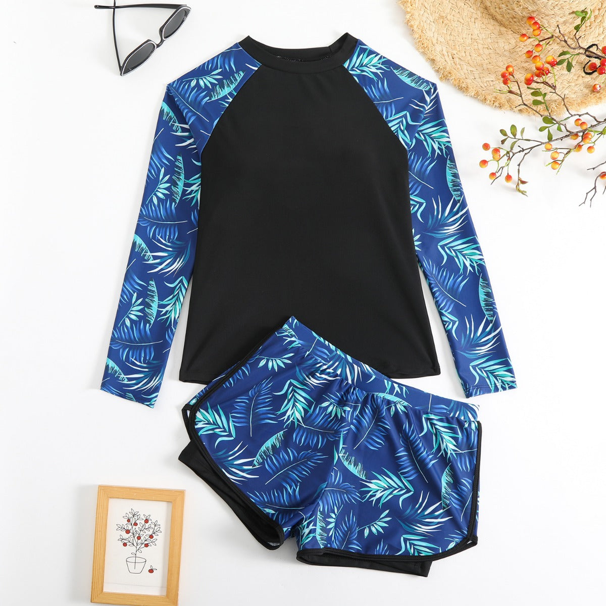 R&B | Langarm Print Spleißen Doppelhose Tankini Badeanzug