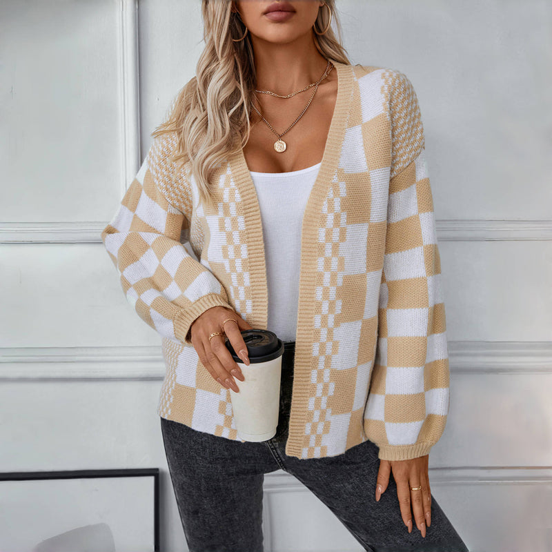 R&B | Cardigan - Damen Herbst Casual Karierter Gestrickter Cardigan