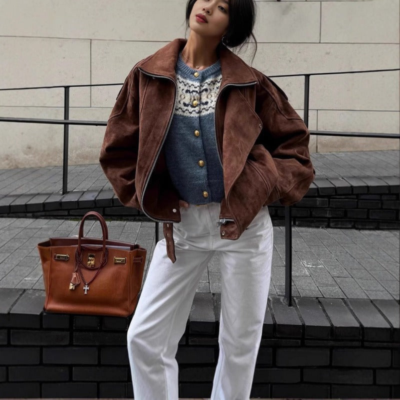 R&B | Oversized Bomberjacke Im Wildleder-Look mit Asymmetrischem Reißverschluss