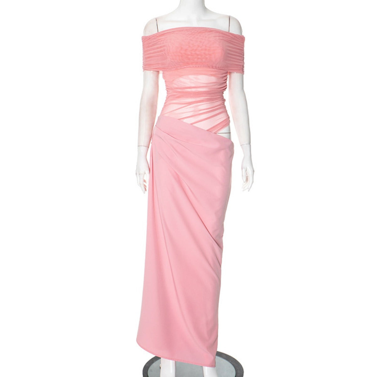 R&B | Ein-Wort-Kragen-Plissee-Kleid aus Mesh mit diagonaler Spanne