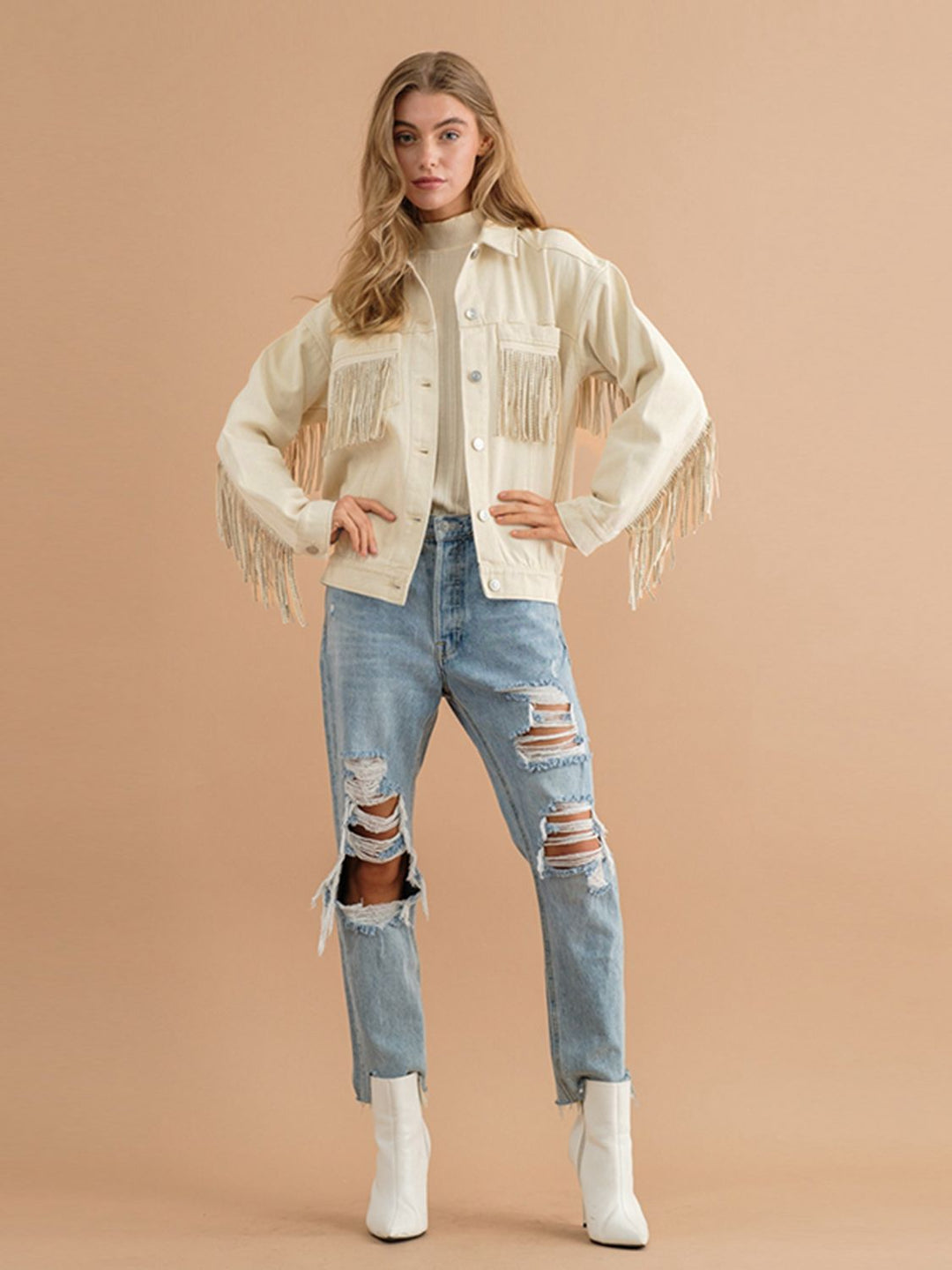 R&B | Fransen-Detail Gefallene Schulter Denimjacke