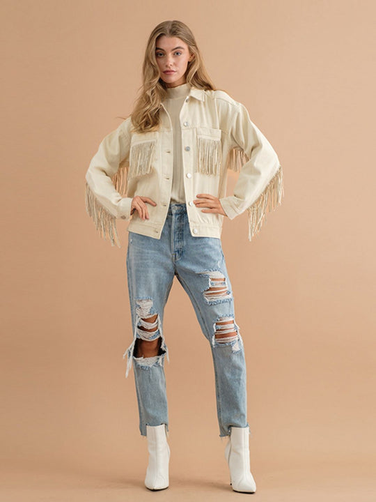 R&B | Fransen-Detail Gefallene Schulter Denimjacke