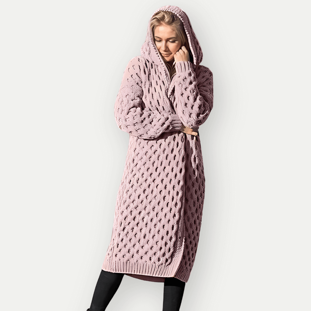 R&B | Strickjacke - Lockere Passform - Langes Modell - Kapuze - Zopfmuster - Offene Vorderseite