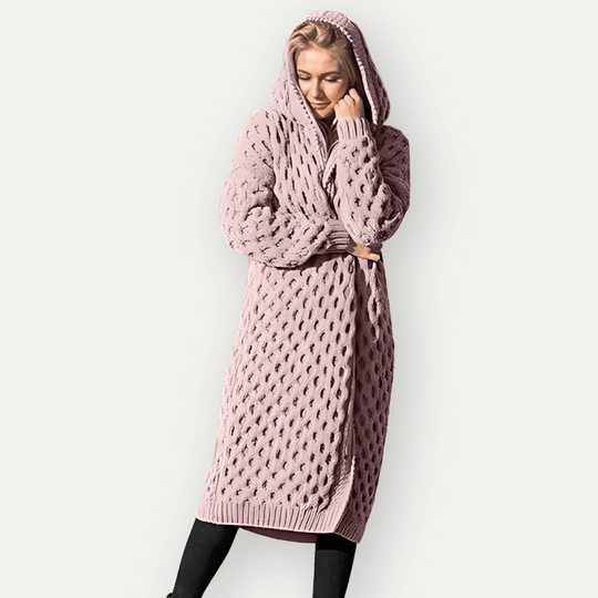 R&B | Strickjacke - Lockere Passform - Langes Modell - Kapuze - Zopfmuster - Offene Vorderseite