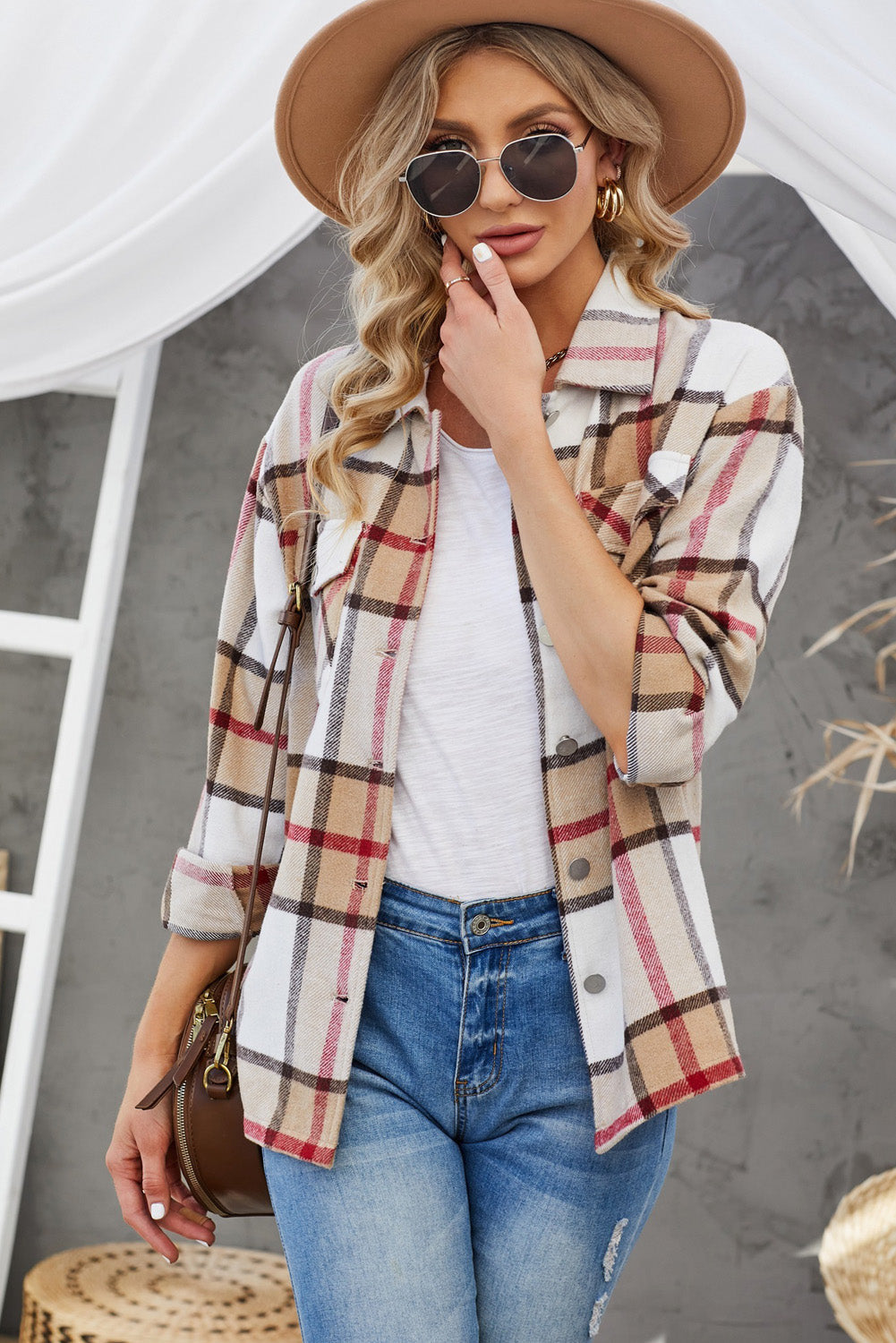 R&B | Karierte Button-Up Shirtjacke mit fallenden Schultern