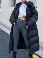 R&B | Lange Steppjacke mit Kapuze und weit geschnitten für Frauen Ideal bei kaltem Wetter