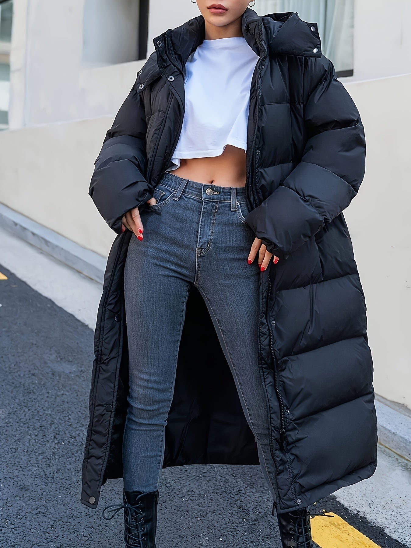 R&B | Lange Steppjacke mit Kapuze und weit geschnitten für Frauen Ideal bei kaltem Wetter
