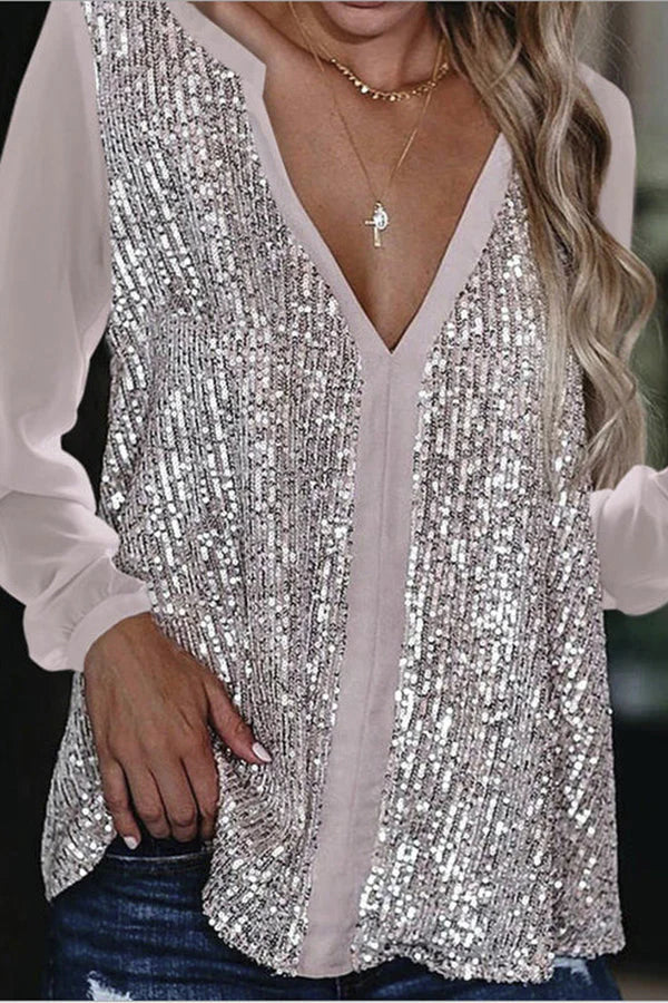 Heidi-Mode | Lange Ärmel Pailletten V-Ausschnitt Bluse