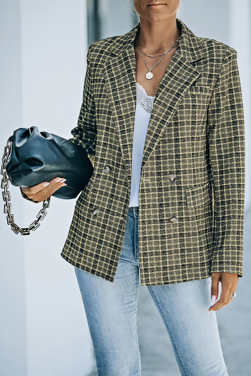 R&B | Karierter Doppelreiher Langarm-Blazer