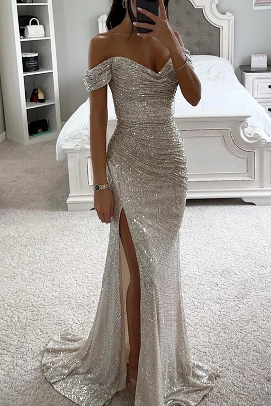R&B | Pailletten Off-Shoulder Raffung Schlitz Abend Maxi Kleid
