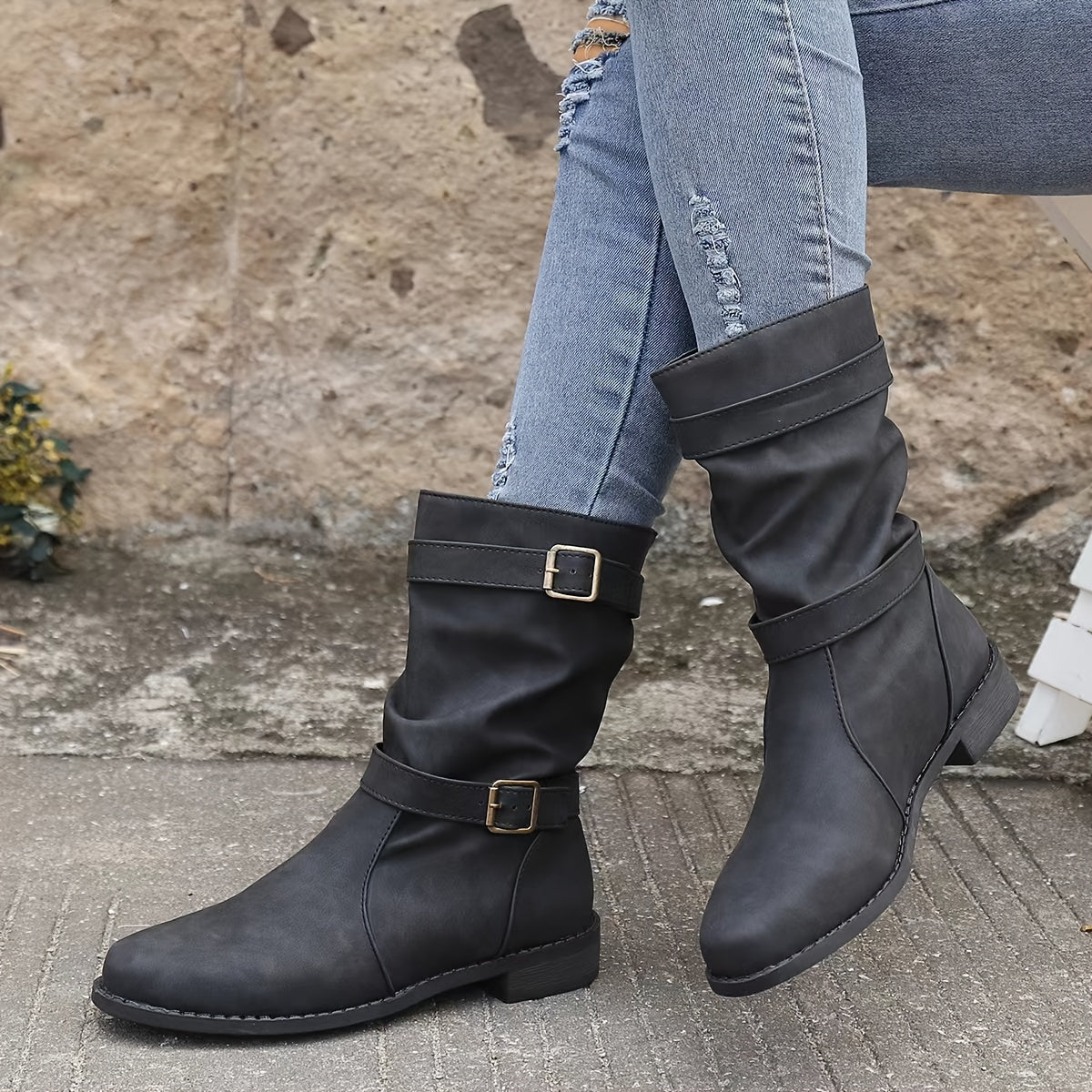 R&B | Retro-Charme Schlabbernde Schnallen-Riemen Western Stiefeletten